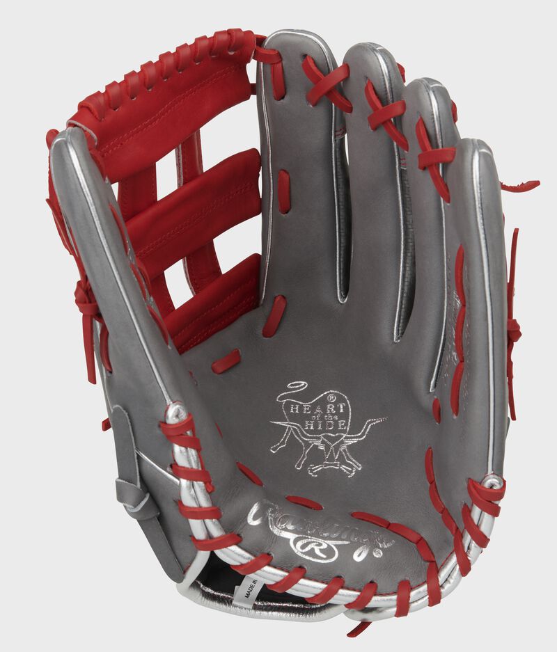 Gray palm of a Heart of the Hide Hyper Shell 12.75-Inch glove with a scarlet web and scarlet laces - SKU: PRO3039-6GCFS