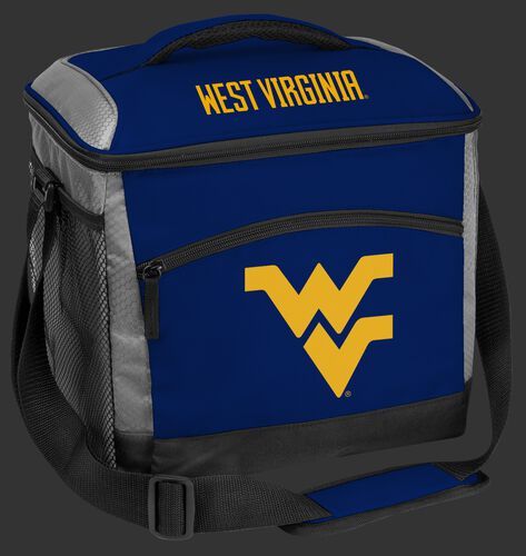 A blue West Virginia Mountaineers 24 can soft sided cooler with screen printed team logos - SKU: 10223114111