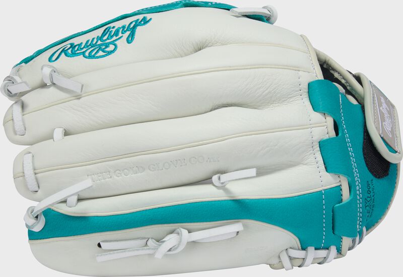 Finger backs of a white/teal Shut Out 12.5-inch Fastpitch Softball Glove loading=
