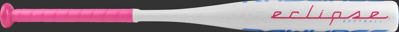 Barrel of a white FP8E12 2018 Eclipse softball bat with pink grip