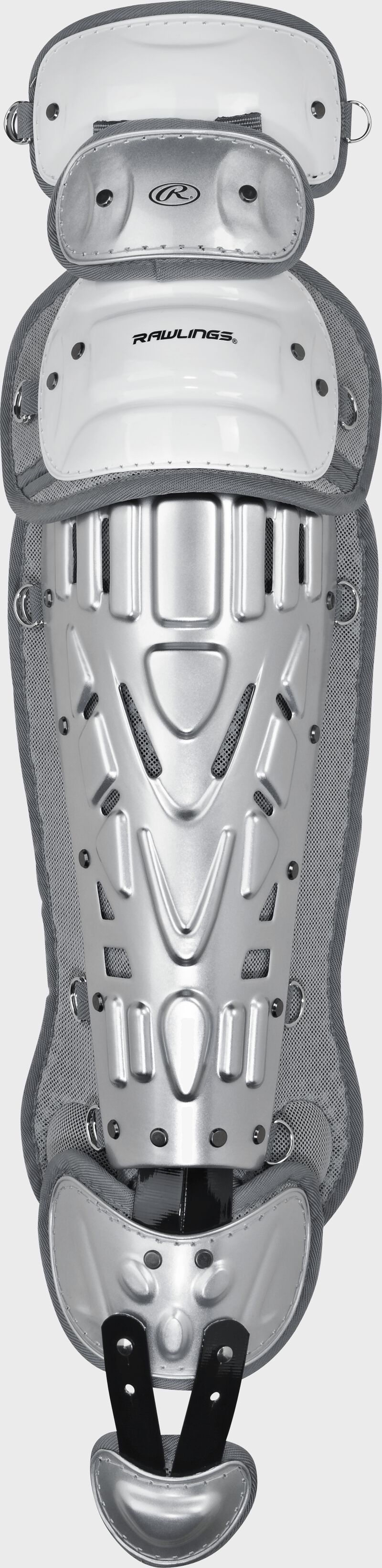 Front of a white Velo leg guard