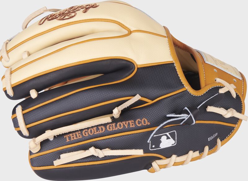Camel/black Speed Shell back of a Pro Label 6 glove with the MLB logo on the pinky - SKU: PRO934-2CTB