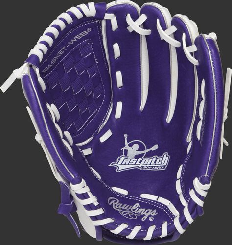 Purple palm of a Rawlings fastpitch softball glove with white stamping and white laces - SKU: ACAFP115PURW