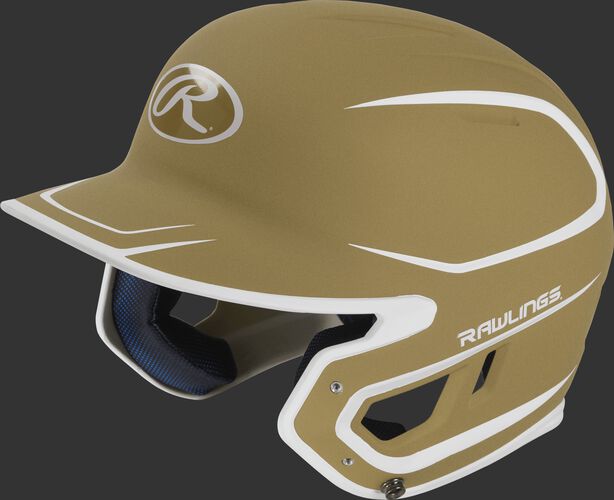 Left angle view of a Rawlings MACH Junior helmet with a two-tone matte vegas gold/white shell