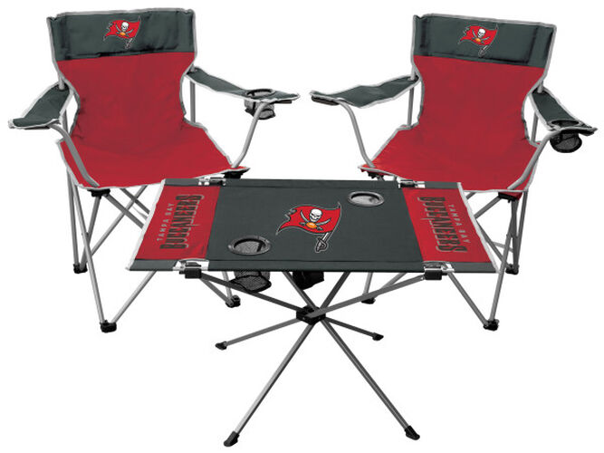 Front of Rawlings Grey and Red NFL Tampa Bay Buccaneers 3-Piece Tailgate Kit With Two Kickoff Chairs, An Endzone Table, And A Transport Bag With Team Logo SKU #01041086511