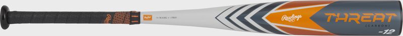 A gray/orange Rawlings Threat -12 USSSA baseball bat shown flat left to right - SKU: RUT4T12