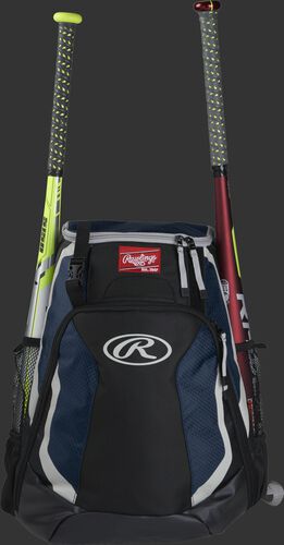 A black/navy R500 Rawlings equipment backpack with a bat on each side