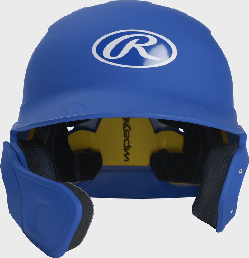 Front view of Mach Left Handed Batting Helmet with EXT Flap | 1-Tone, Royal