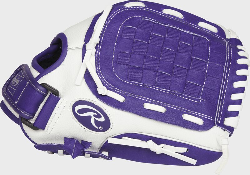 Thumb of a white Rawlings 11.5-Inch fastpitch softball glove with a purple Basket web - SKU: ACAFP115PURW