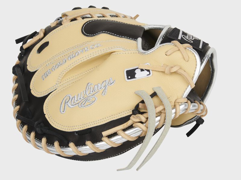 Camel Speed Shell back of a Pro Preferred 33-Inch catcher's mitt with a black MLB logo - SKU: PROSCM33CBSS