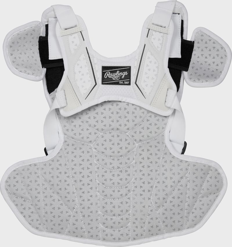 Back of a white/black Velo softball chest protector