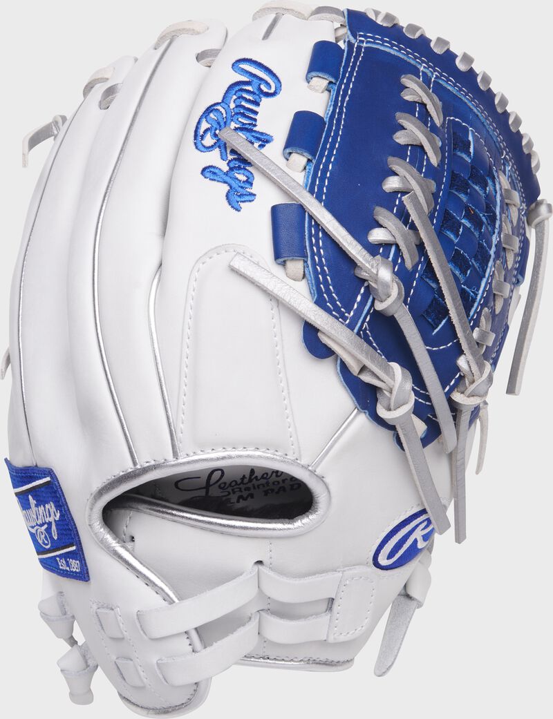 Back of a white/royal Liberty Advanced 12.5-Inch basket web glove with a pull strap back - SKU: RLA125-18WRP loading=