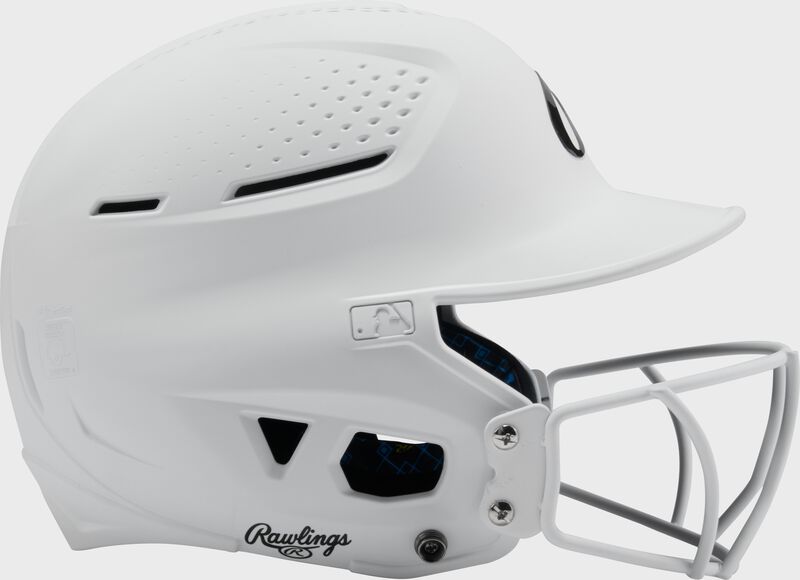 Right side of a white Rawlings RX2 fastpitch batting helmet loading=
