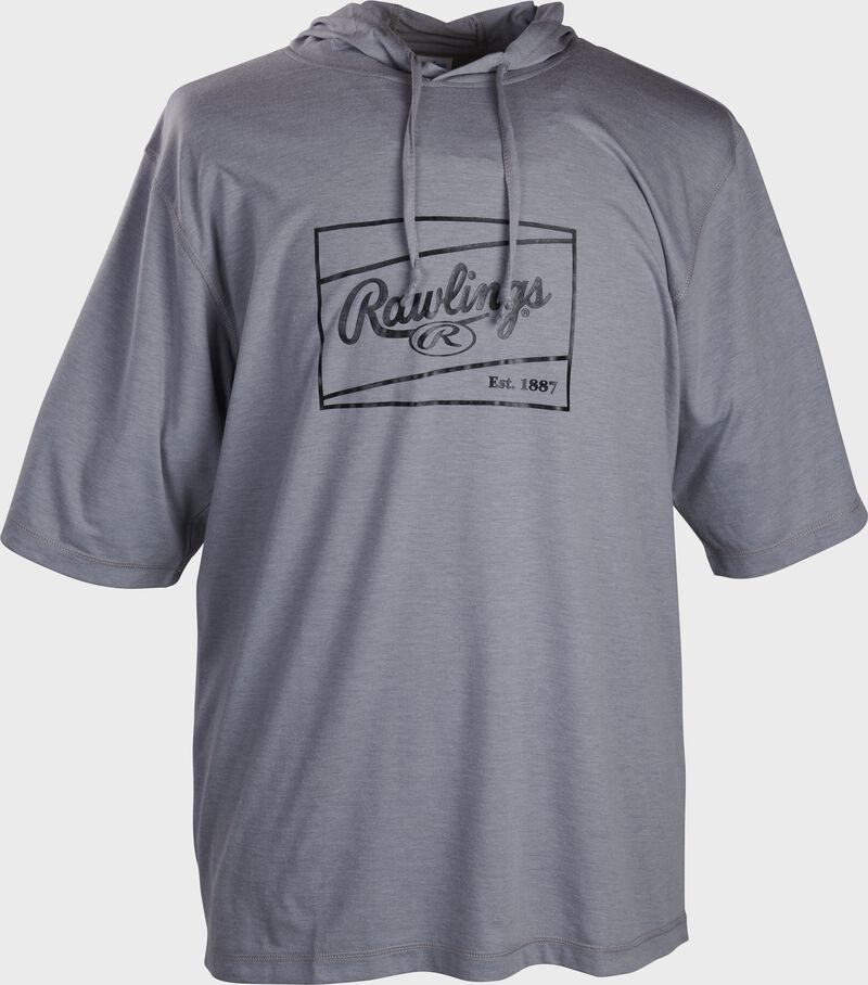 A gray Rawlings short sleeve hoodie with a black Rawlings patch logo outline - SKU: ACASSH-GR