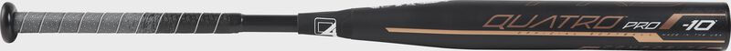Black barrel of a black FPQP10 Quatro Pro college/high school softball bat with rose gold accents