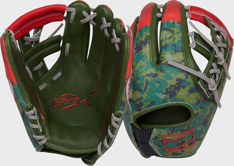 Two images showing the palm & back of a Rawlings Veteran's Day REV1X 11.75" infield glove