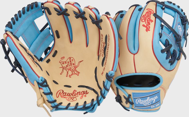 Two images showing the palm & back of a camel/Columbia blue Heart of the Hide 11.5-Inch Infield Glove
