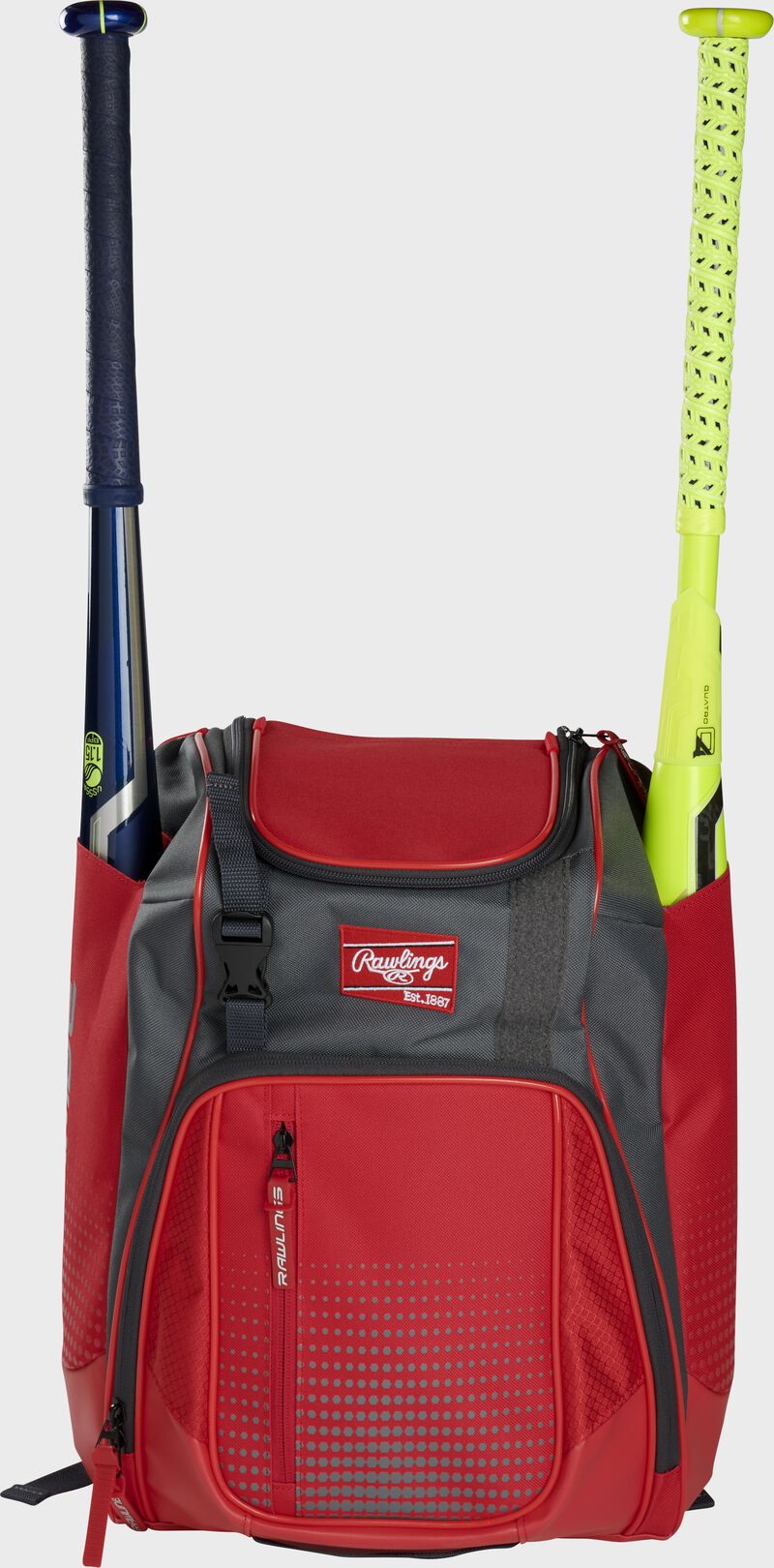 Front of a scarlet Rawlings Franchise baseball backpack with two bats in the side sleeves - SKU: FRANBP-S