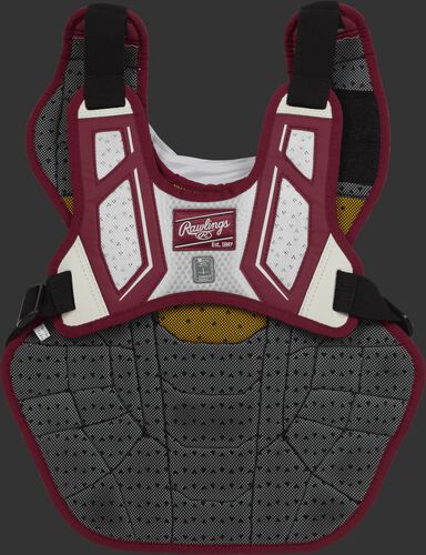 Back harness of a cardinal/white CPV2N intermediate Velo 2.0 chest protector with Dynamic Fit System 2.0