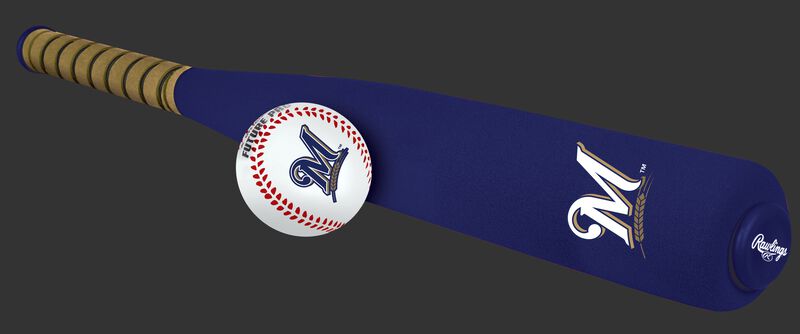Side of Rawlings Milwaukee Brewers Foam Bat and Ball Set in Team Colors With Team Name and Logo On Front SKU #01860006111