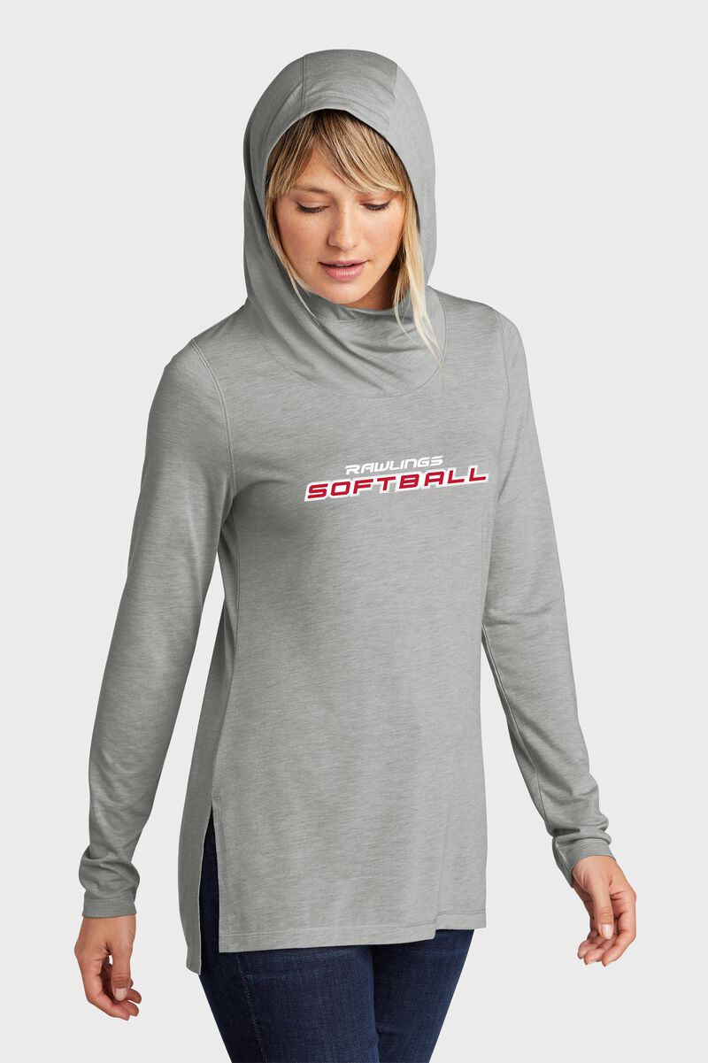 A woman wearing a gray Rawlings Softball performance hoodie with the hood up over her head - SKU: RSGLWH-G