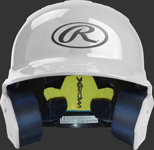 Front of a matte white MACH junior size batting helmet
