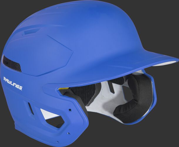 Right angle view of a matte royal CAR07A Rawlings MACH Carbon helmet