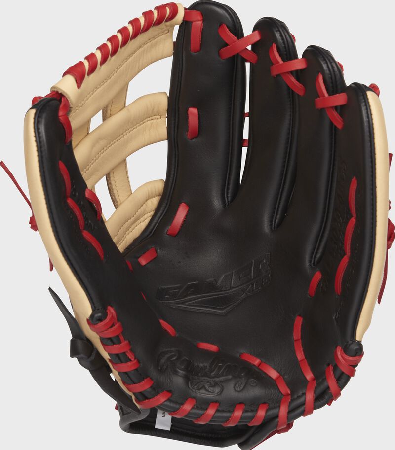 GXLE3029-6BCS Rawlings 12.75-inch GXLE baseball glove with a black palm and scarlet laces
