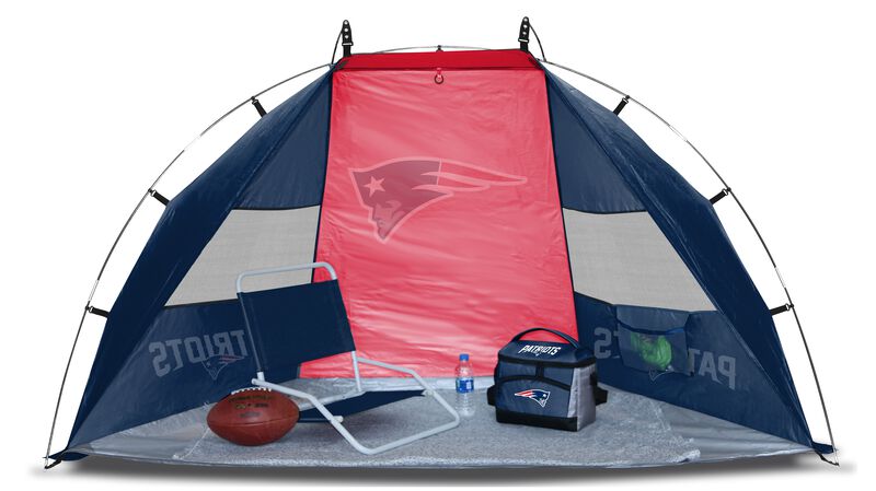 A New England Patriots sideline sun shelter set up with a chair, cooler, football and water bottle - SKU: 00961076111