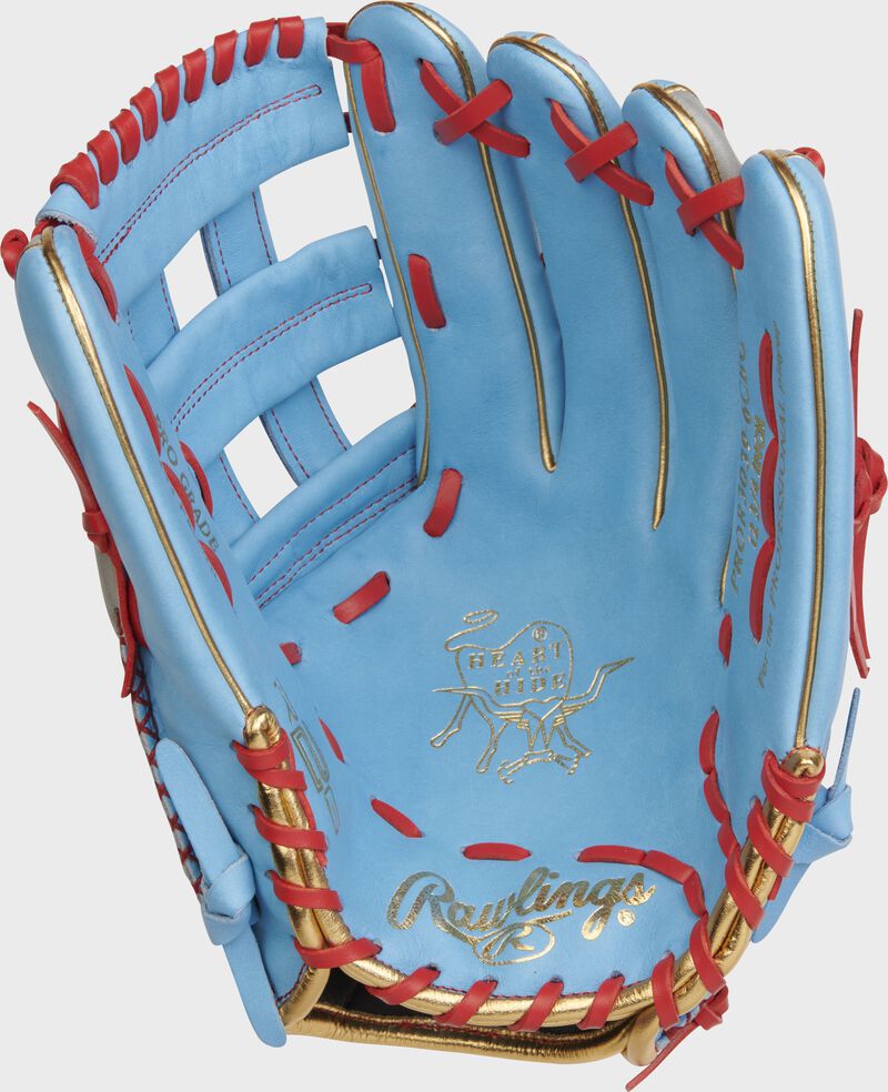 Columbia blue palm of a Rawlings Heart of the Hide R2G outfield glove with silver stamping and scarlet laces - SKU: PROR3039-6CBG