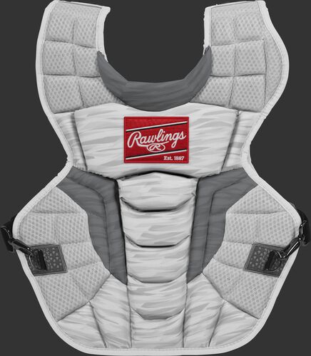 A white CPV2N Rawlings Velo 2.0 intermediate chest protector with a striped pattern