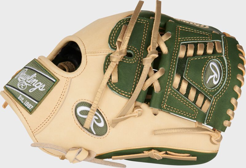 Thumb of a military green/camel Heart of the Hide 11.75" infield/pitcher's glove with a military green laced 2-Piece solid web - SKU: RPROR205W-30MGC