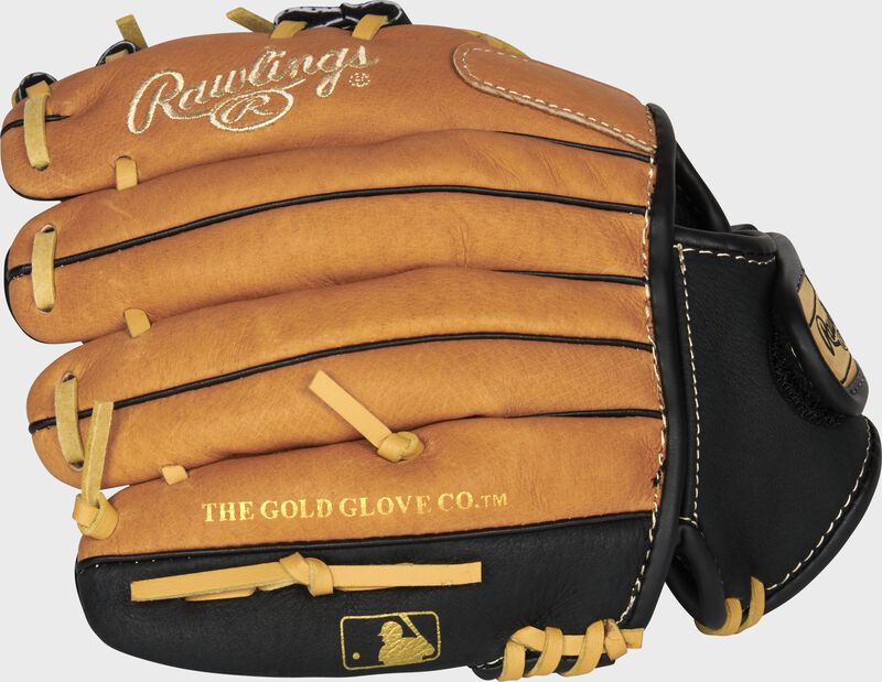 Back of a tan Rawlings Sure Catch youth glove with the MLB logo on the pinky - SKU: SC100TBI