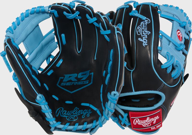 Two images showing the palm & back of a black/Columbia blue R9 Series 11.5-Inch Infield Glove