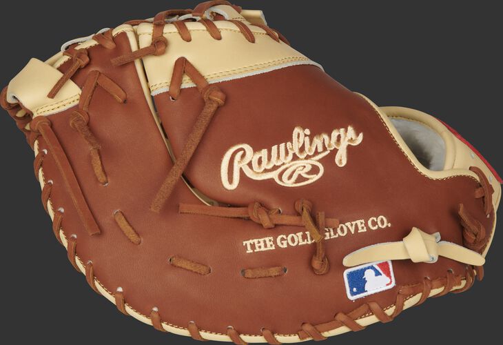 Bruciato back of a Gameday 57 Series Matt Olson first base mitt with the MLB logo on the pinkie - SKU: PROSDCTMO28