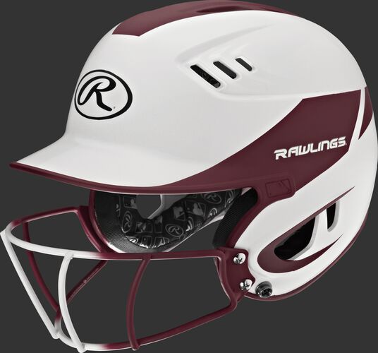 A white/maroon R16H2FGS Velo senior batting helmet with a white/maroon facemask