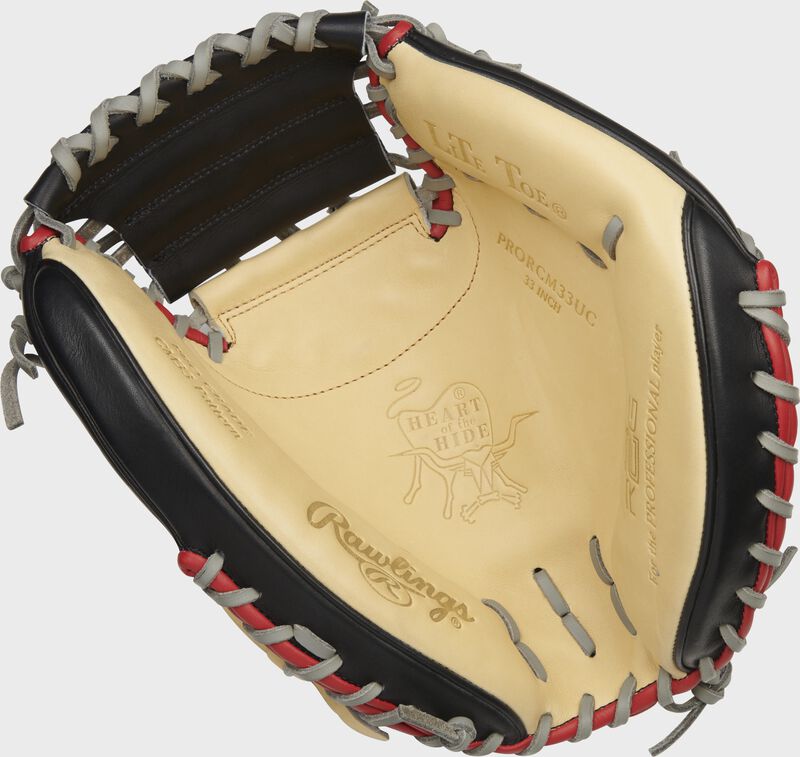Camel palm of a Rawlings Heart of the Hide R2G ContoUR fit catcher's mitt with gray laces - SKU: PRORCM33UC
