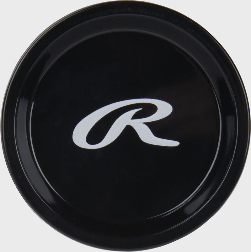 Black end cap of a Rawlings Peak -11 youth USSSA bat with a white script "R" logo - SKU: RUT4P11