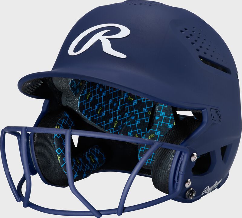Front left of a navy Rawlings RX2 fastpitch batting helmet loading=