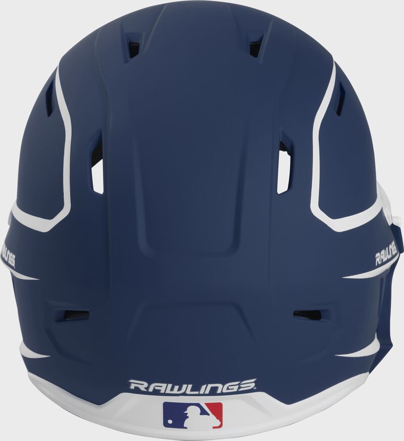 Back of a MACHEXTR high performance junior MACH helmet with a matte navy/white shell and Official Batting Helmet of MLB logo