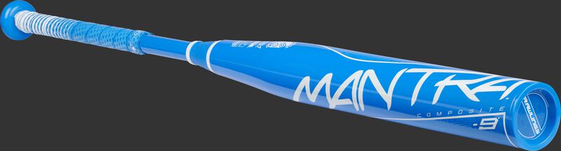 Angled view of a light blue Rawlings Mantra bat with a light blue end cap - SKU: FP1M9