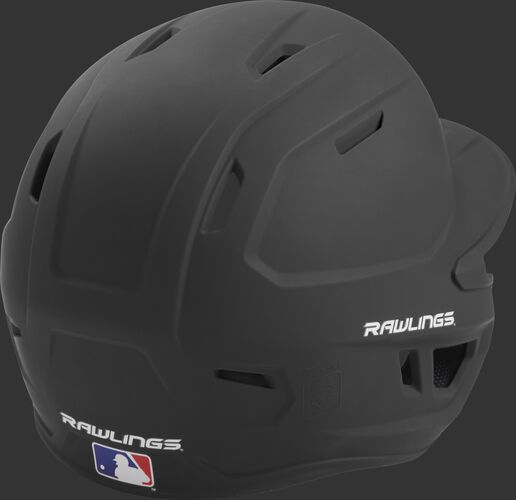 Back right of a one-tone matte black MACH Rawlings senior size batting helmet