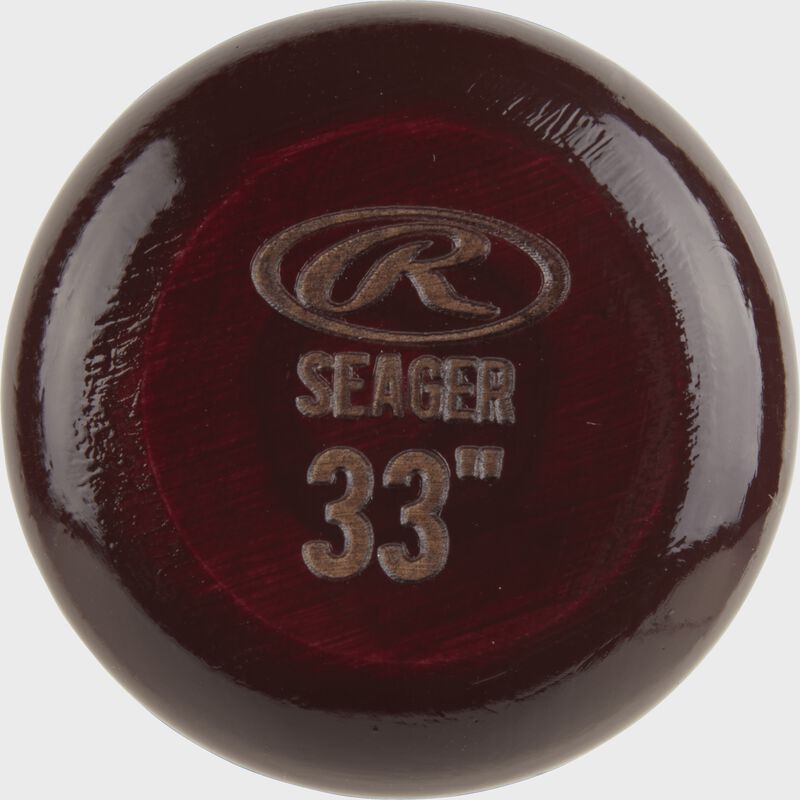 Maroon knob of a CS5PL Rawlings Corey Seager wood bat