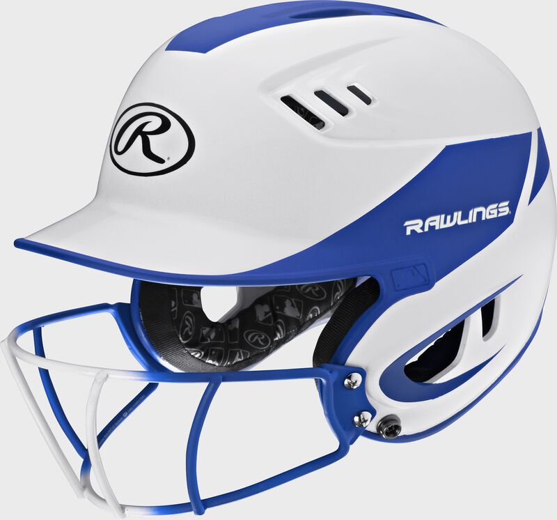 A white/royal R16H2FGS Velo junior batting helmet with a white/royal facemask