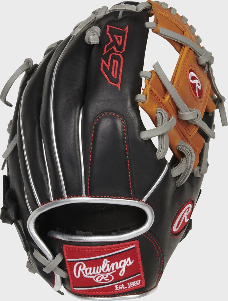 Back of a black/tan R9 ContoUR 11.25" I-web baseball glove with a red Rawlings patch - SKU: R9125U-2BT loading=