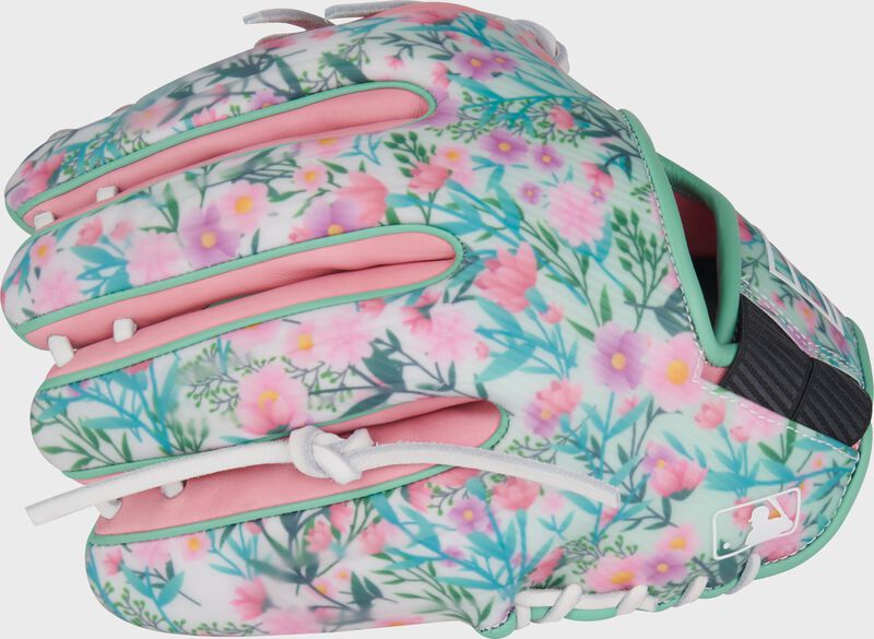 Floral back of a Rawlings Mother's Day REV1X glove