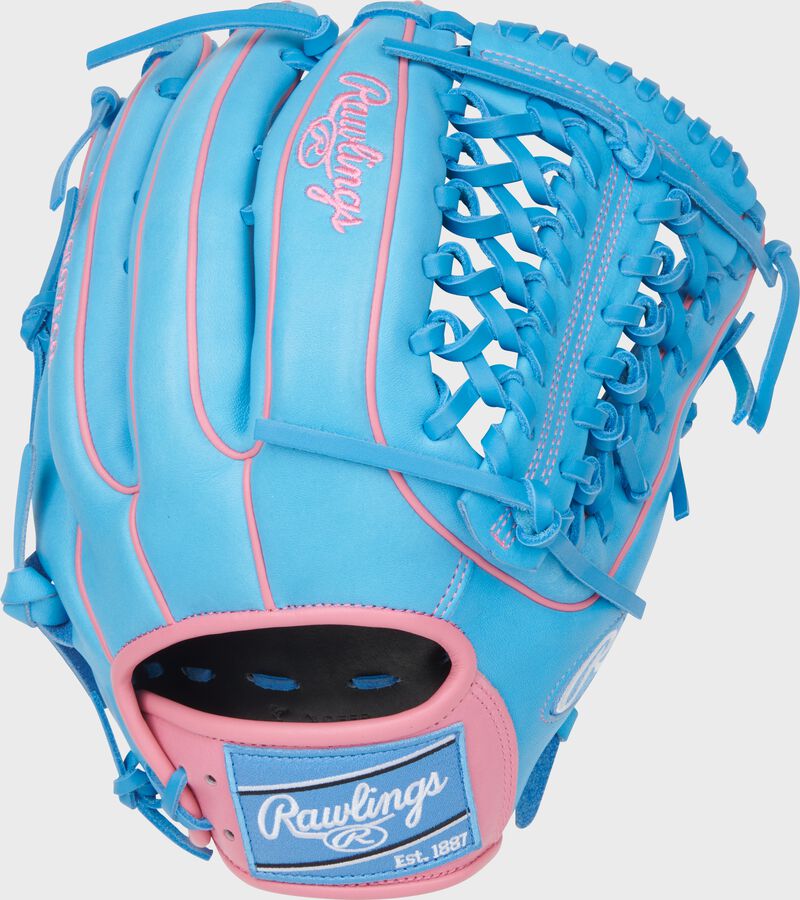 Back of a Columbia blue/pink Heart of the Hide 12.75-Inch Modified Trap-Eze Web Glove with a Columbia blue Rawlings patch