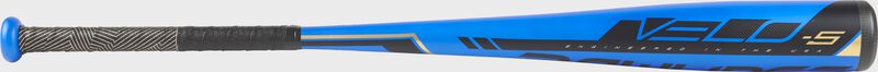 Blue barrel of a US9V5 2019 Velo USA baseball bat with black accents and black/gold grip