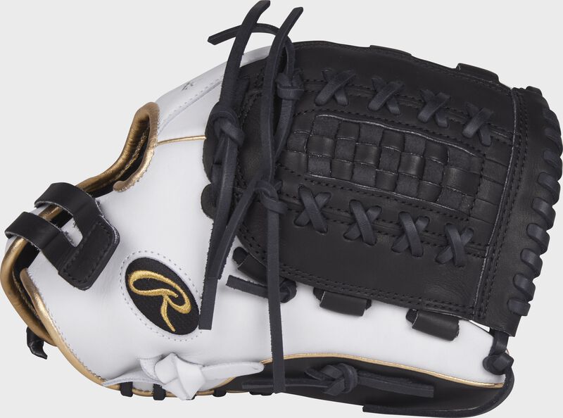 Thumb view of a white RLA125-18WBG Liberty Advanced Color Series 12.5-inch fastpitch outfield glove with a black Basket web