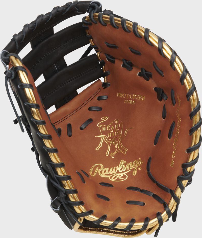 Golden brown palm of a Rawlings Heart of the Hide ColorSync 8.0 first base mitt with gold stamping and black laces - SKU: PRODCTGBB